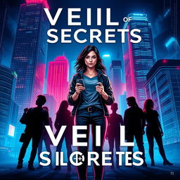 Cover design for the novel "Veil of Secrets" featuring a modern cityscape illuminated by neon lights