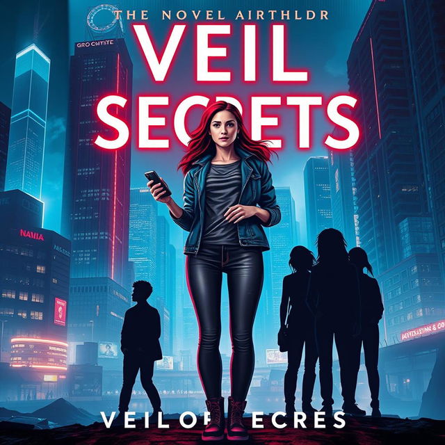 Cover design for the novel "Veil of Secrets" featuring a modern cityscape illuminated by neon lights