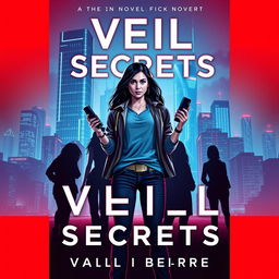 Cover design for the novel "Veil of Secrets" featuring a modern cityscape illuminated by neon lights