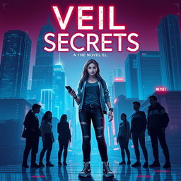 Cover design for the novel "Veil of Secrets" featuring a modern cityscape illuminated by neon lights