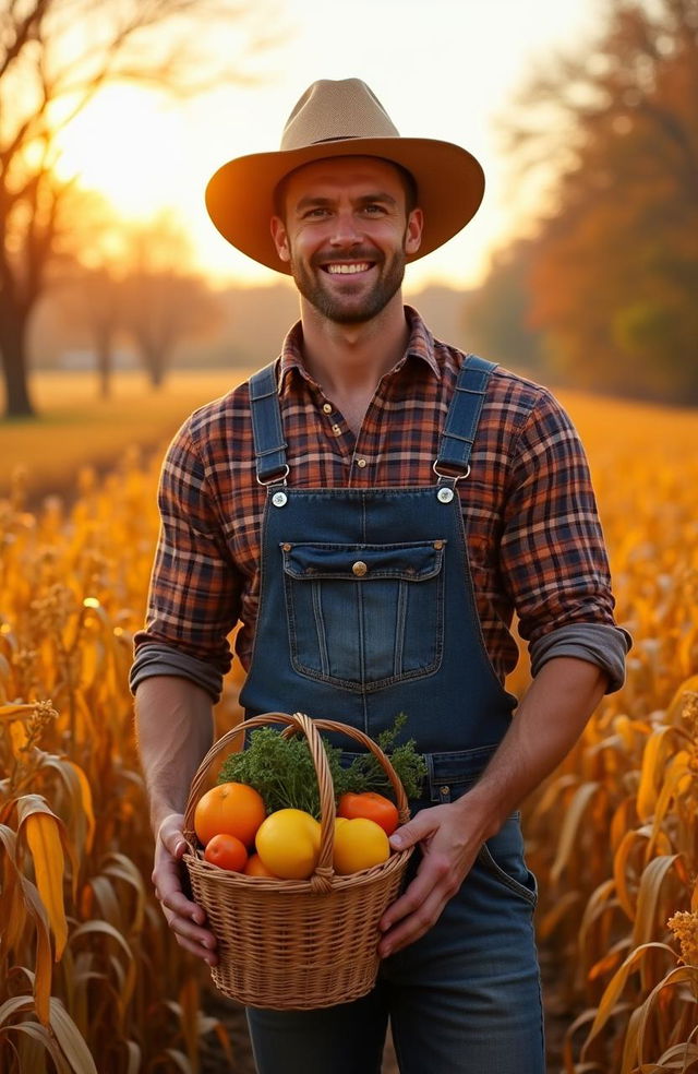 A fit and muscular farmer standing proudly in a field during the fall harvest, surrounded by golden crops ready for picking