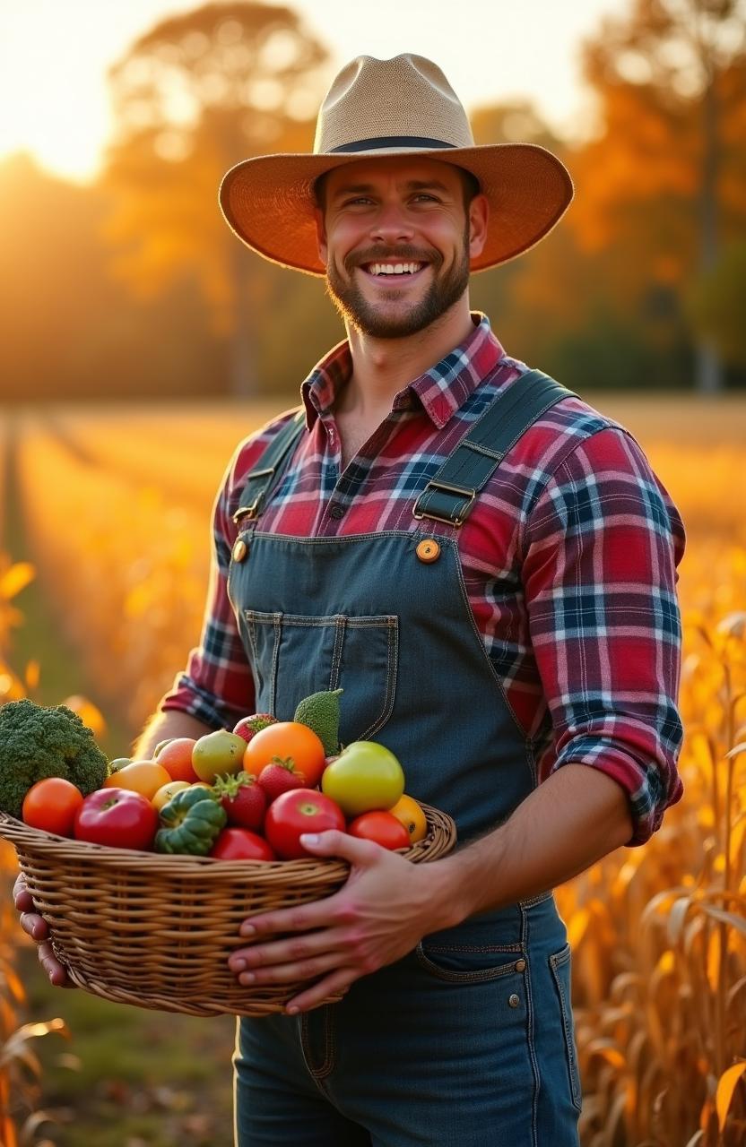 A fit and muscular farmer standing proudly in a picturesque field during the fall harvest, surrounded by an abundance of golden crops ready to be picked