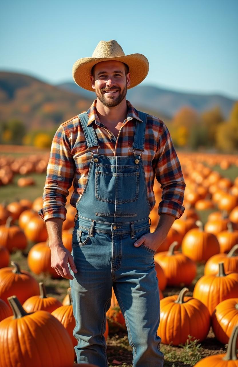 A fit farmer standing proudly among vibrant fall pumpkins in a rich, golden hue