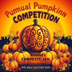 A vibrant and eye-catching pumpkin competition poster, featuring a large, beautifully carved pumpkin in the center with intricate designs