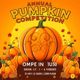 A vibrant and eye-catching pumpkin competition poster, featuring a large, beautifully carved pumpkin in the center with intricate designs