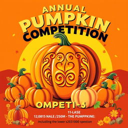 A vibrant and eye-catching pumpkin competition poster, featuring a large, beautifully carved pumpkin in the center with intricate designs