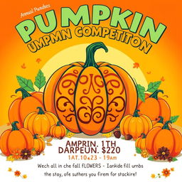 A vibrant and eye-catching pumpkin competition poster, featuring a large, beautifully carved pumpkin in the center with intricate designs