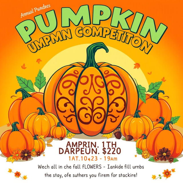 A vibrant and eye-catching pumpkin competition poster, featuring a large, beautifully carved pumpkin in the center with intricate designs