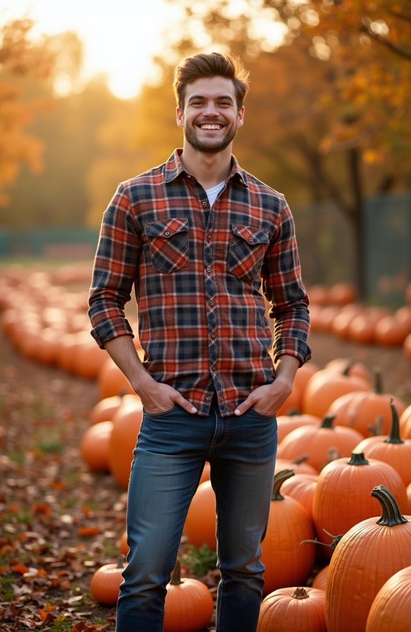 A fit young farmer, with a toned physique and friendly smile, standing confidently in a picturesque pumpkin field