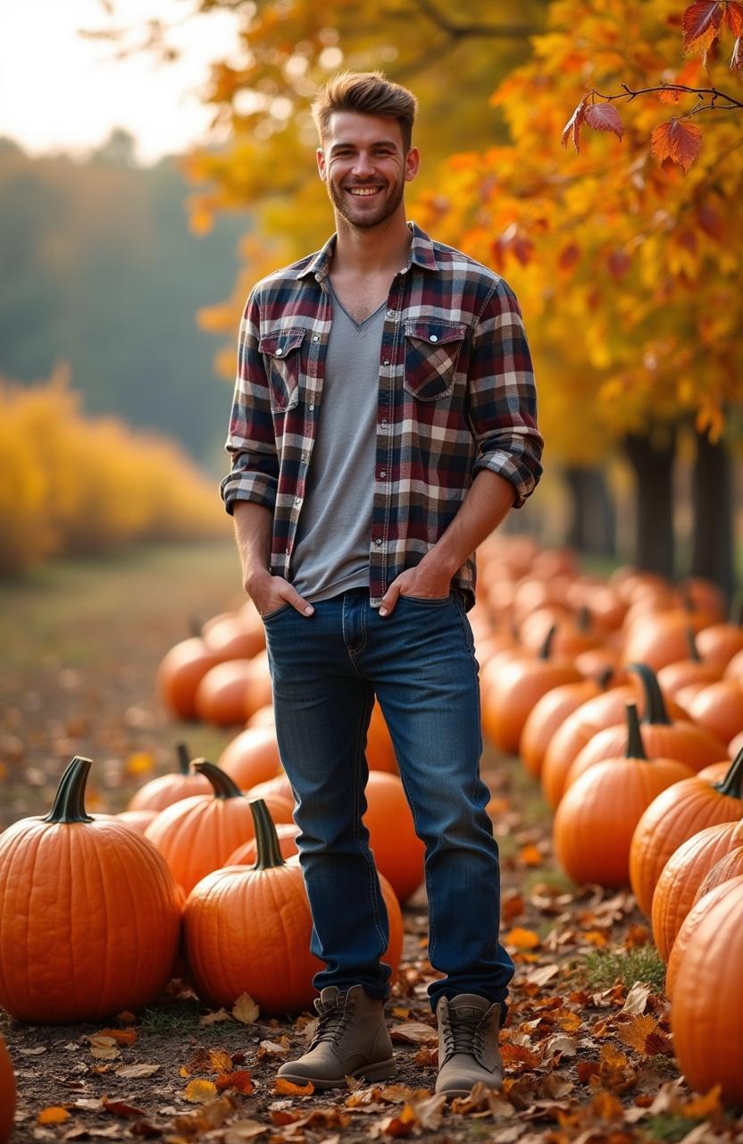 A fit young farmer, showcasing a toned physique and an approachable smile, standing amidst a vibrant pumpkin field during autumn