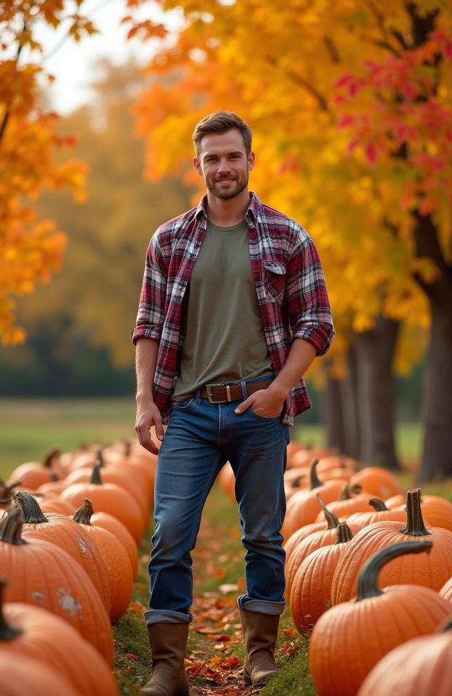 A fit young farmer, showcasing a strong and athletic build, standing in a lush pumpkin field bursting with bright orange pumpkins