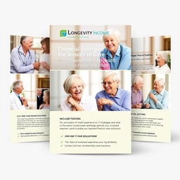 A professional, eye-catching flyer for 'Longevity Income Solutions,' featuring images of happy, healthy seniors interacting in various care settings like home health care, assisted living, and nursing facilities