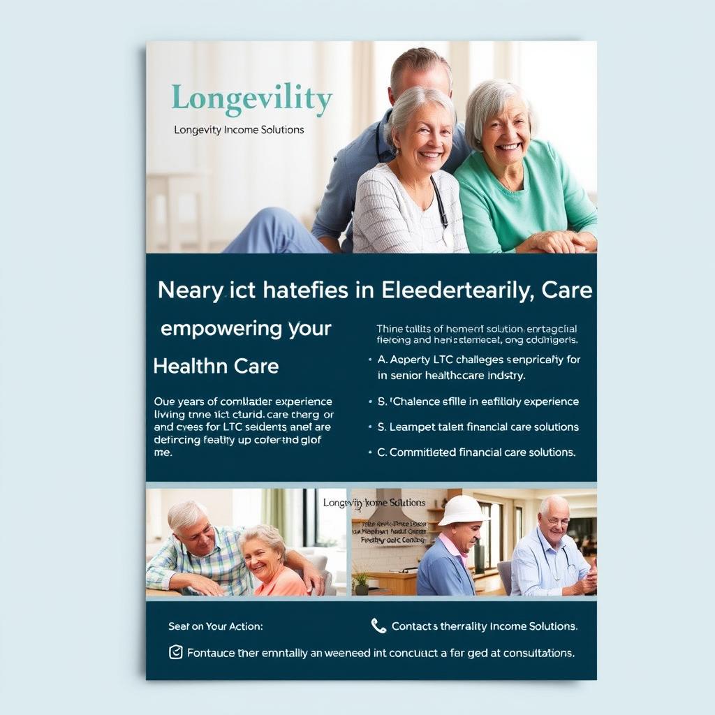 A professional, eye-catching flyer for 'Longevity Income Solutions,' featuring images of happy, healthy seniors interacting in various care settings like home health care, assisted living, and nursing facilities