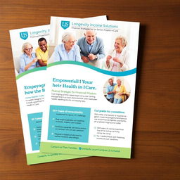 A professional, eye-catching flyer for 'Longevity Income Solutions,' featuring images of happy, healthy seniors interacting in various care settings like home health care, assisted living, and nursing facilities