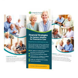 A professional, eye-catching flyer for 'Longevity Income Solutions,' featuring images of happy, healthy seniors interacting in various care settings like home health care, assisted living, and nursing facilities