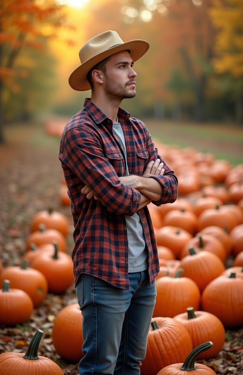 A fit young farmer, with a well-defined physique and a contemplative expression, gazing thoughtfully at the colorful fall leaves above him