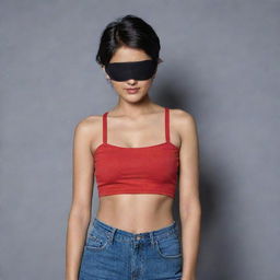 The Indian girl with short hair, her midriff covered by a full red top, and one eye covered with a black eyepatch, donned in snug fitting jeans.