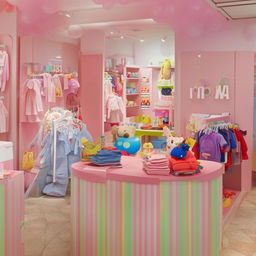 A vibrant and inviting children's clothing reception shop filled with colorful and cute outfits