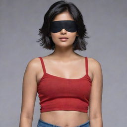 The Indian girl with short hair, her midriff covered by a full red top, and one eye covered with a black eyepatch, donned in snug fitting jeans.