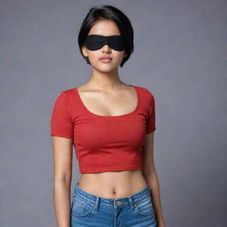 The Indian girl with short hair, her midriff covered by a full red top, and one eye covered with a black eyepatch, donned in snug fitting jeans.