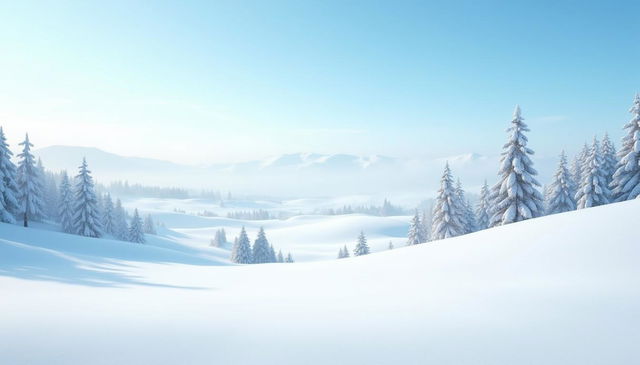 A serene snowy landscape, featuring vast fields of pristine snow under a bright blue sky