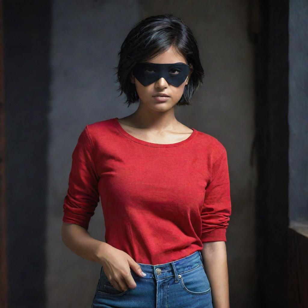 The Indian girl with short hair and a black eyepatch, fully clothed in her vibrant red top and jeans, placed in a strikingly darker and more mysterious setting.