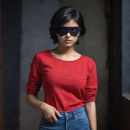 The Indian girl with short hair and a black eyepatch, fully clothed in her vibrant red top and jeans, placed in a strikingly darker and more mysterious setting.