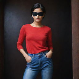 The Indian girl with short hair and a black eyepatch, fully clothed in her vibrant red top and jeans, placed in a strikingly darker and more mysterious setting.