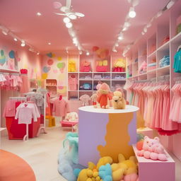 A vibrant and inviting children's clothing reception shop filled with colorful and cute outfits