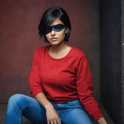 The Indian girl with short hair and a black eyepatch, fully clothed in her vibrant red top and jeans, placed in a strikingly darker and more mysterious setting.