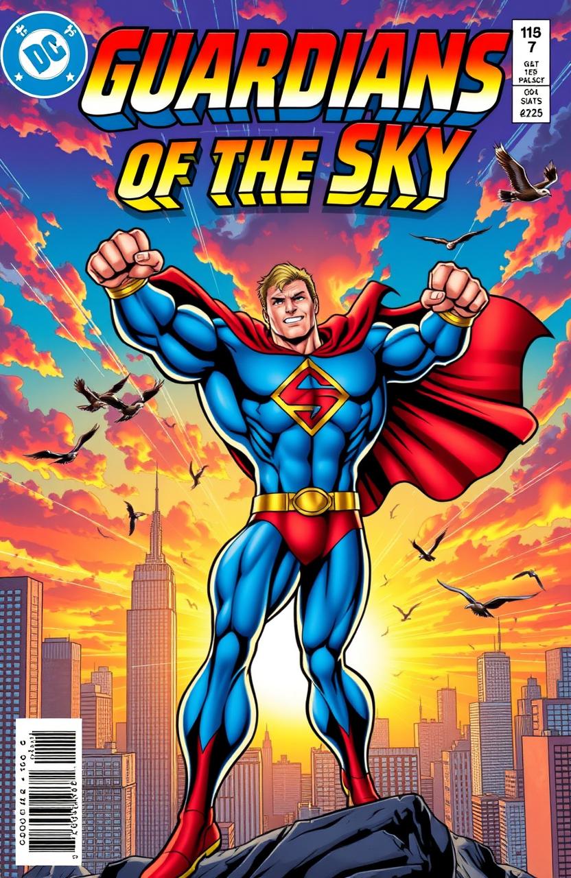 A vibrant and dynamic superhero comic book cover featuring a bold, muscular superhero with a flowing cape and an iconic emblem on their chest, striking a heroic pose against a city skyline at sunset