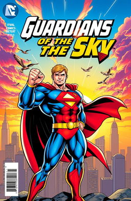 A vibrant and dynamic superhero comic book cover featuring a bold, muscular superhero with a flowing cape and an iconic emblem on their chest, striking a heroic pose against a city skyline at sunset