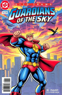 A vibrant and dynamic superhero comic book cover featuring a bold, muscular superhero with a flowing cape and an iconic emblem on their chest, striking a heroic pose against a city skyline at sunset