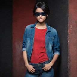 The Indian girl with short hair and a black eyepatch, fully clothed in her vibrant red top and jeans, placed in a strikingly darker and more mysterious setting.