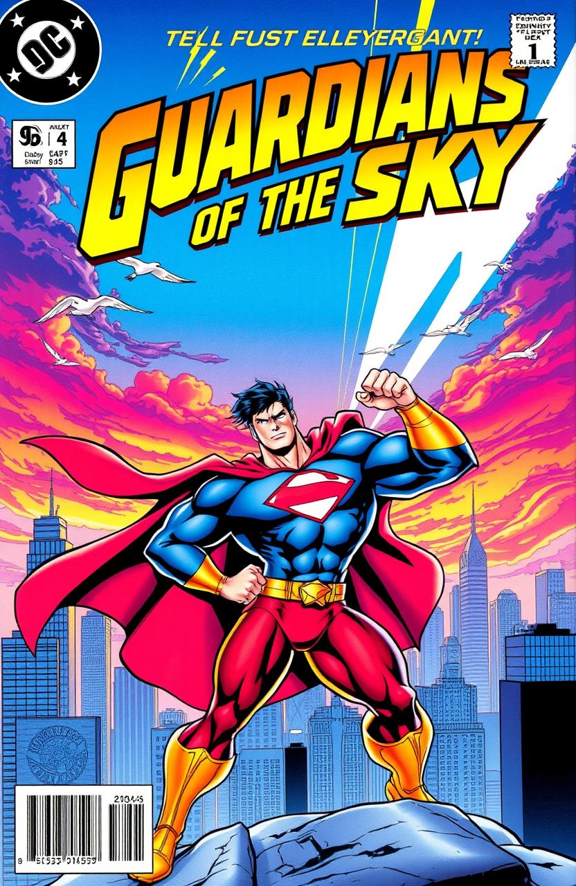 A vibrant and dynamic superhero comic book cover featuring a bold, muscular superhero with a flowing cape and an iconic emblem on their chest, striking a heroic pose against a city skyline at sunset