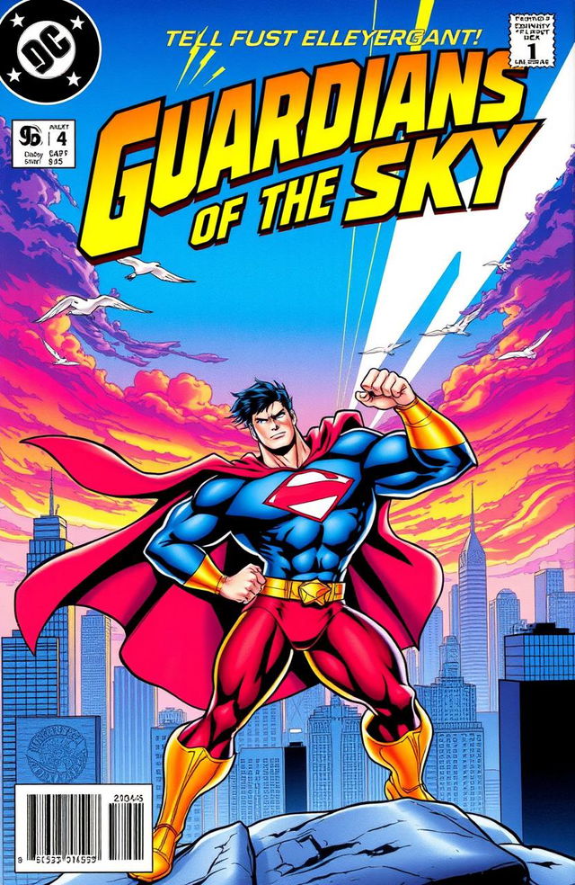 A vibrant and dynamic superhero comic book cover featuring a bold, muscular superhero with a flowing cape and an iconic emblem on their chest, striking a heroic pose against a city skyline at sunset