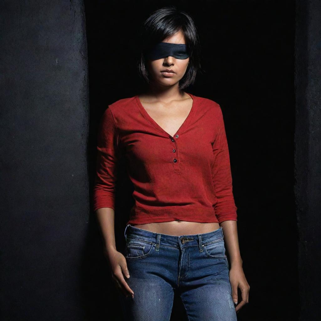 The Indian girl, short hair peeping from under a pirate-style black eyepatch, wearing a full-cover red top and jeans, stands in a dark and mysterious setting.