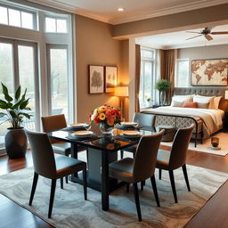 A beautifully designed combined dining room and bedroom, featuring a harmonious blend of elegance and comfort