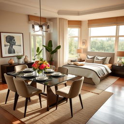 A beautifully designed combined dining room and bedroom, featuring a harmonious blend of elegance and comfort