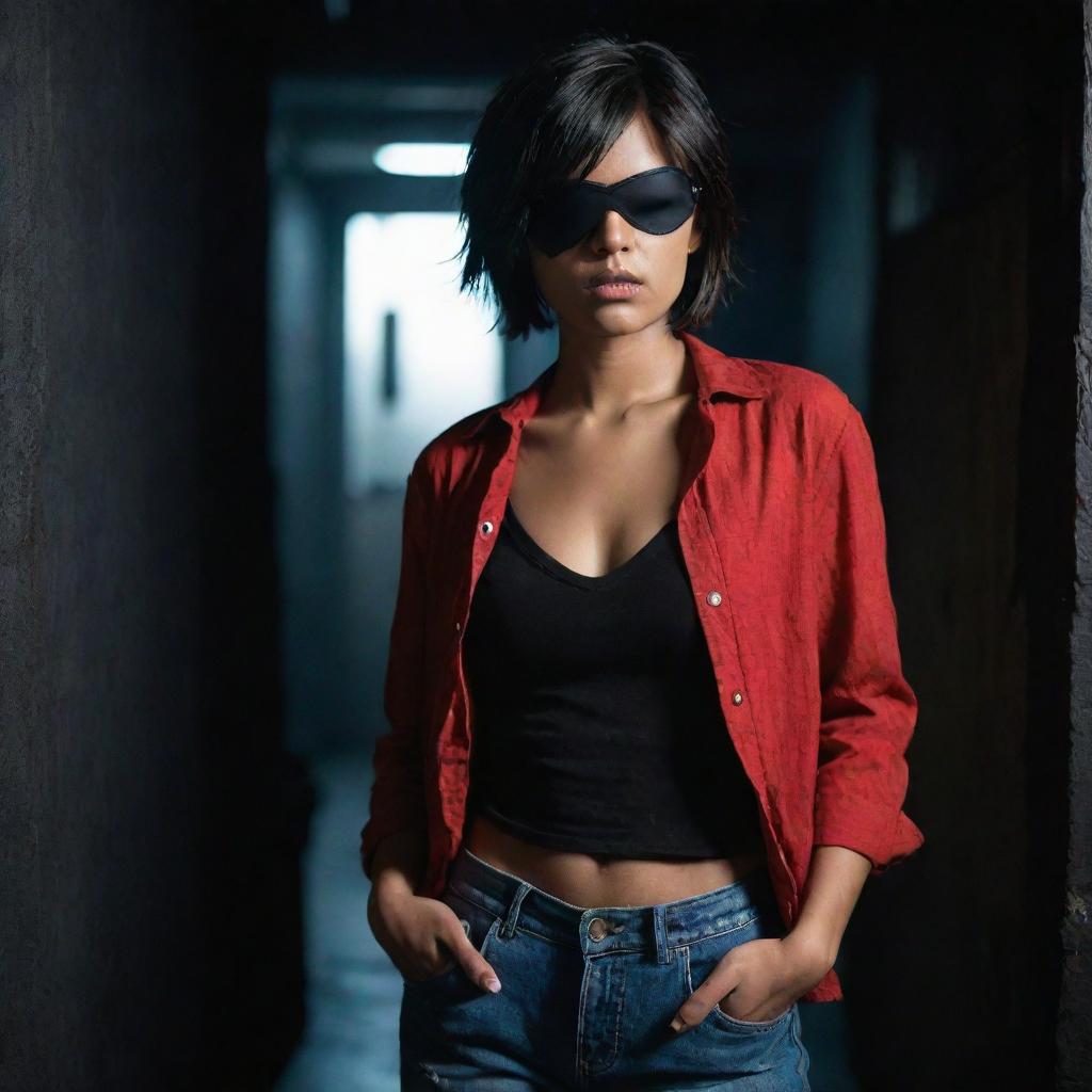 The Indian girl, short hair peeping from under a pirate-style black eyepatch, wearing a full-cover red top and jeans, stands in a dark and mysterious setting.