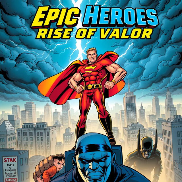 A dynamic superhero comic book cover featuring a bold, muscular hero with a flowing cape, standing atop a rooftop in a bustling city skyline