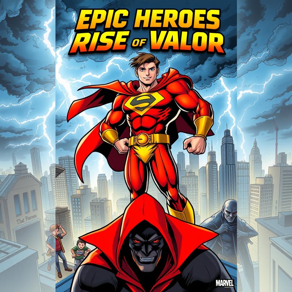 A dynamic superhero comic book cover featuring a bold, muscular hero with a flowing cape, standing atop a rooftop in a bustling city skyline