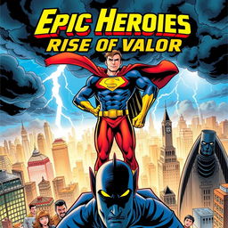 A dynamic superhero comic book cover featuring a bold, muscular hero with a flowing cape, standing atop a rooftop in a bustling city skyline