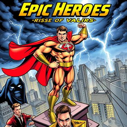 A dynamic superhero comic book cover featuring a bold, muscular hero with a flowing cape, standing atop a rooftop in a bustling city skyline