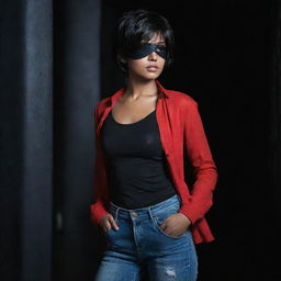 The Indian girl, short hair peeping from under a pirate-style black eyepatch, wearing a full-cover red top and jeans, stands in a dark and mysterious setting.