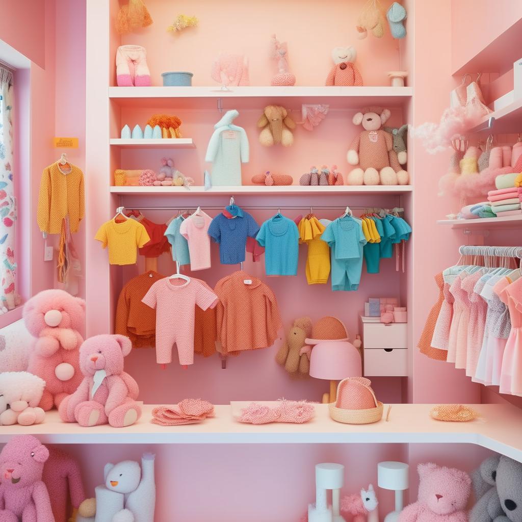 A vibrant and inviting children's clothing reception shop filled with colorful and cute outfits