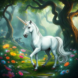 A mystical unicorn standing gracefully in a vibrant fantasy forest, surrounded by lush greenery and sparkling magical elements