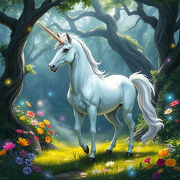 A mystical unicorn standing gracefully in a vibrant fantasy forest, surrounded by lush greenery and sparkling magical elements