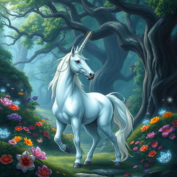 A mystical unicorn standing gracefully in a vibrant fantasy forest, surrounded by lush greenery and sparkling magical elements