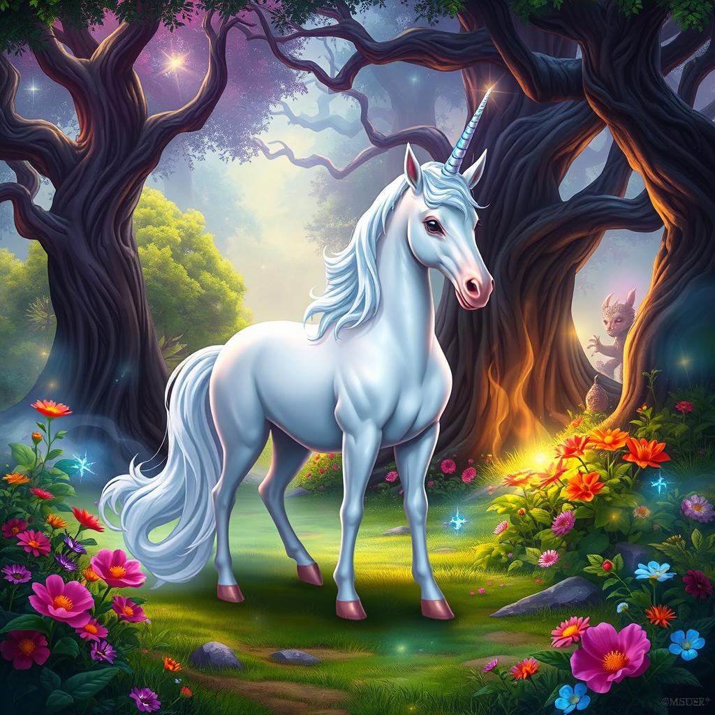 A mystical unicorn standing gracefully in a vibrant fantasy forest, surrounded by lush greenery and sparkling magical elements